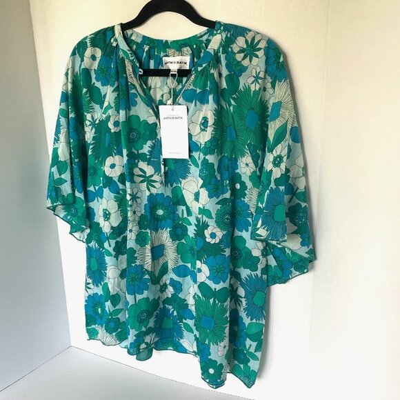 Antik Batik Cotton Voile Floral Blouse Womens Medium Blue Flutter Sleeve Tunic - Picture 3 of 11